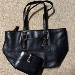 Black Leather Shoulder Bag and Wallet Set